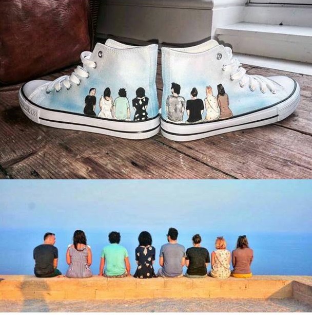 holiday memory shoes. People sat on a wall on hi top shoes. the original picture is beneath