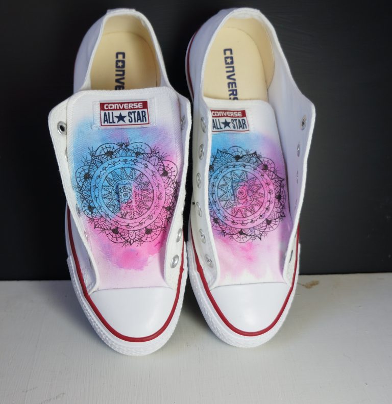 low rise converse with a watercolour background and mandala design on the tongues