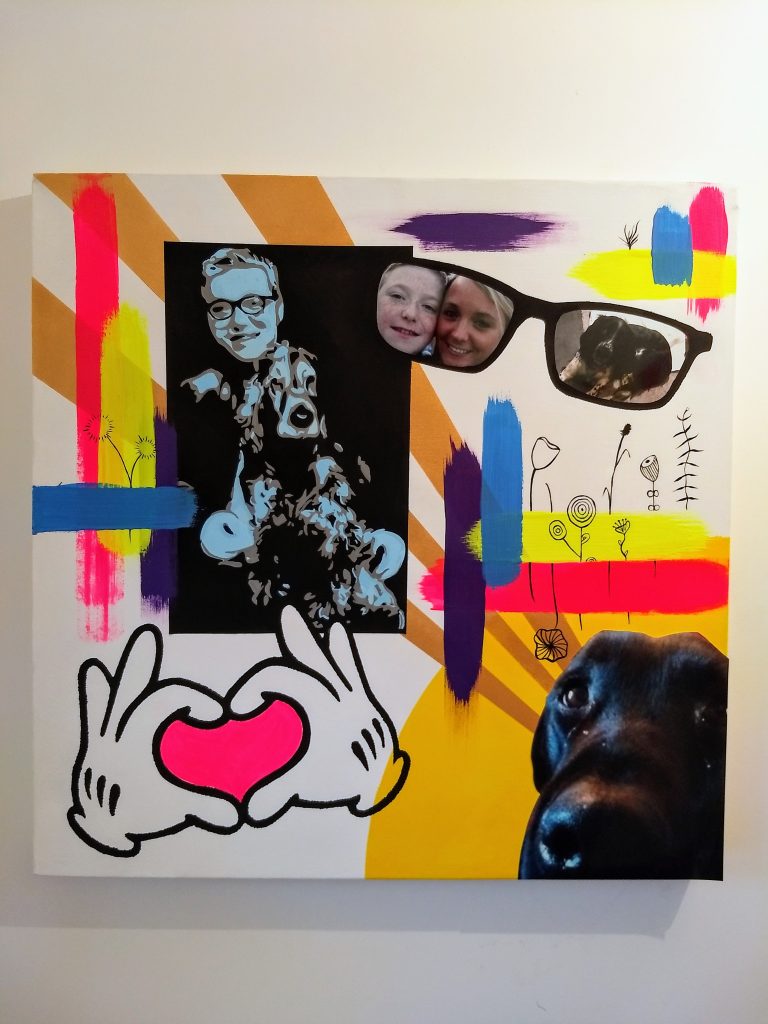 brightly coloured picture featuting many elements. There is a picture of a boy and a dog, a mum and boy in some glasses, a pair of cartoon gloves and a pink heart in the middle, a picture of a dog